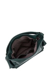 Borsa in pelle verde con superficie texturizzata e ampio interno. Presenta una chiusura con cerniera e numerose tasche interne.