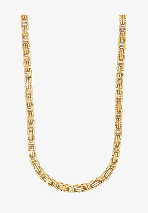 Gouden kettinghalsketting met verlengde schakels en een gladde afwerking, wat een uniform ontwerp creëert. De halsketting heeft een glanzende textuur en minimale accenten.