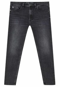 Jeans ajustados de mezclilla gris oscuro, con diseño clásico de cinco bolsillos, cierre de botón y un sutil desgastado a lo largo de las piernas.