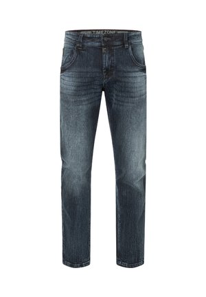 Dunkelblaue Jeans mit geradem Bein, Fünf-Taschen-Design, ausgewaschenem Look und einem Knopf- und Reißverschluss. Markenlogo auf dem Bund.