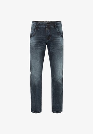 Dunkelblaue Jeans mit geradem Bein, Fünf-Taschen-Design, ausgewaschenem Look und einem Knopf- und Reißverschluss. Markenlogo auf dem Bund.