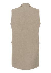 Beige sleeveless vest with a tailored collar. Crafted from textured fabric, features side pockets and a rounded hem. Back view highlighted.