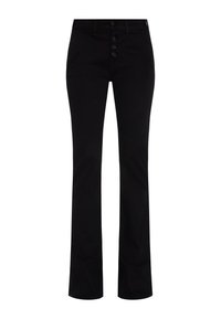 Pantalons évasés en mélange de coton noir avec une taille mi-haute, devant à cinq boutons et poches standard. Texture lisse avec une coupe ajustée.