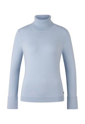 Helles blauer Langarm-Turtleneck-Pullover mit geripptem Kragen, Bündchen und Saum, vor einem weißen Hintergrund präsentiert.
