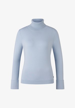 Světle modrý svetr s dlouhým rukávem a stojáčkem, s žebrovaným límcem, manžetami a lemem, vystavený na bílém pozadí.