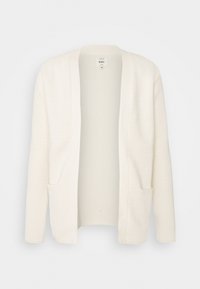 Cremfarbener, offener Strickcardigan mit gerippter Textur, langen Ärmeln und zwei vorderen Taschen, vor einem weißen Hintergrund präsentiert.