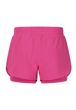 Kirkkaan pinkit naisten urheilushortsit, joissa on joustava vyötärönauha ja kerroksittainen malli sekä sivuleikkaukset liikkuvuutta varten.