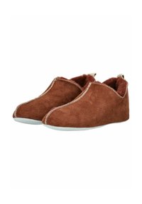 Zachte bruine suède binnenslippers met witte gestikte randen en een luxe voering, ontworpen voor warmte en comfort.