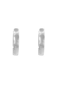 Orecchini a cerchio in argento con una finitura liscia e lucida. Forma circolare, dotati di una larghezza uniforme e un design senza giunture.