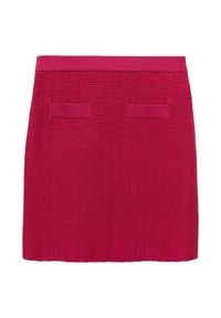 Red textured knit skirt with a ribbed waistband and two rectangular front pocket details.