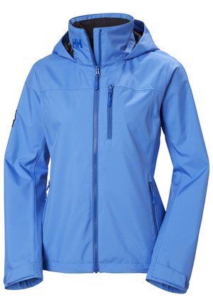 Blauwe waterdichte jas met capuchon, en voren ritsluiting, zijzakken en logo op de kraag. Gladde textuur en getailleerd ontwerp.