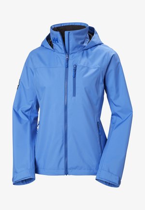 Chaqueta impermeable azul con capucha, cierre frontal con cremallera, bolsillos laterales y logo en el cuello. Textura suave y diseño ajustado.