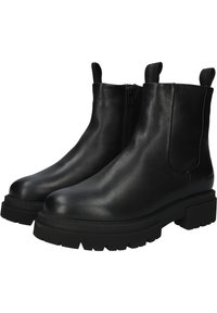 Botas de tobillo de cuero negro con un diseño elegante, paneles laterales elásticos y suelas de goma gruesas. Cuentan con una cremallera lateral para facilitar su colocación.