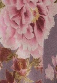 Primo piano di peonie rosa e viola con foglie verdi e marroni su uno sfondo lavanda.