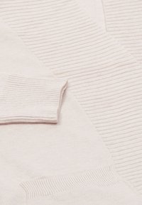 Heller Pullover mit feinem Rippenmuster, V-Ausschnitt und gerippten Bündchen. Weiches Material mit einem subtilen Muster im gesamten Stoff.