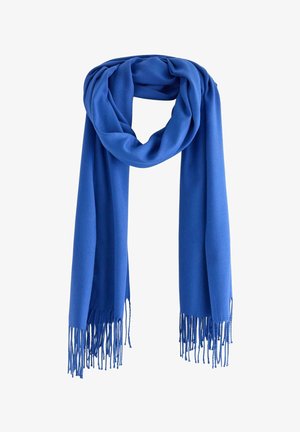 Blå scarf gjord av mjukt tyg, med en slät yta och fransade kanter. Den är lång och hänger löst.