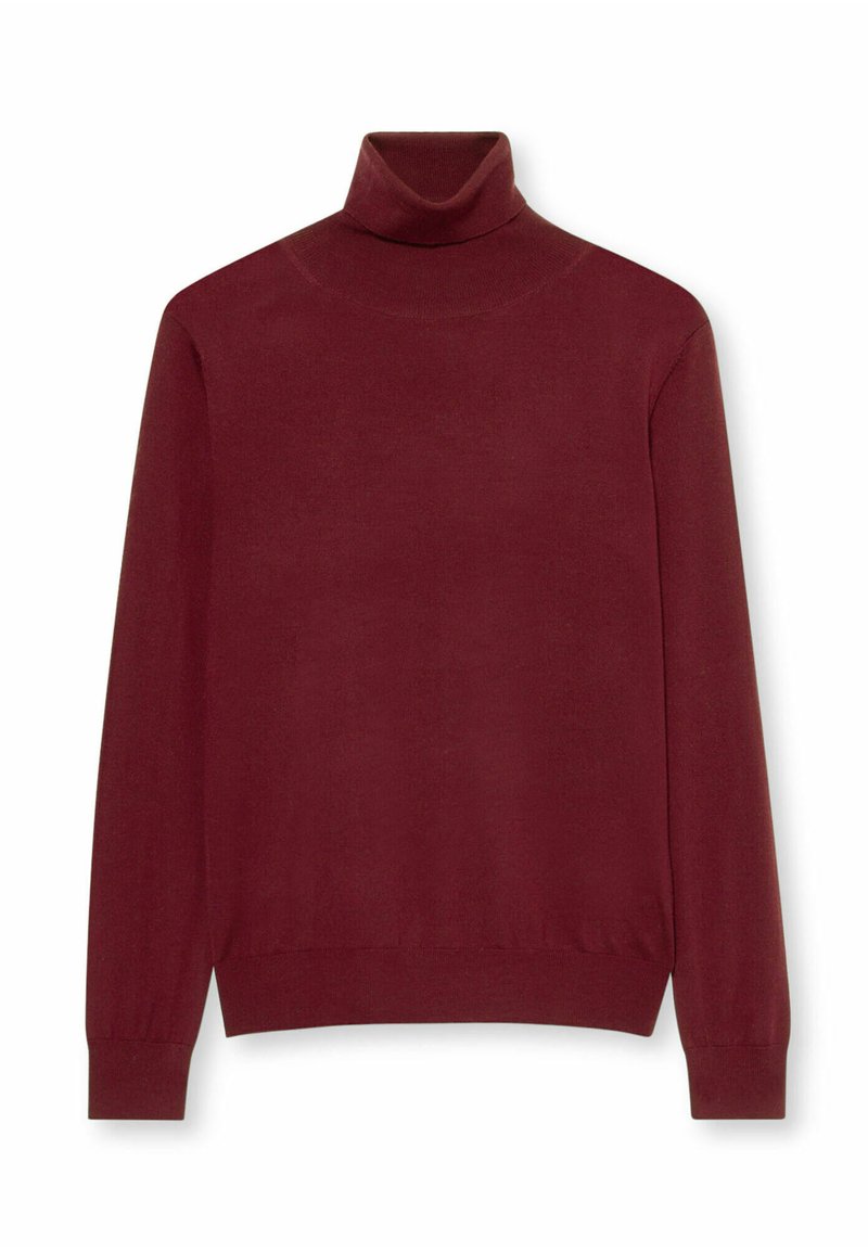 Bordowy sweter z golfem wykonany z miękkiej dzianiny. Posiada długie rękawy i prążkowane ściągacze, dopasowany krój oraz gładką fakturę.