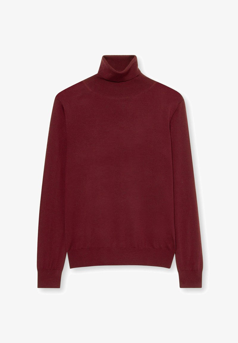 Bordowy sweter z golfem wykonany z miękkiej dzianiny. Posiada długie rękawy i prążkowane ściągacze, dopasowany krój oraz gładką fakturę.