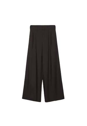 Pantalon noir à taille haute, jambes larges, avec plis à l'avant et passants pour ceinture, fabriqué en tissu lisse.