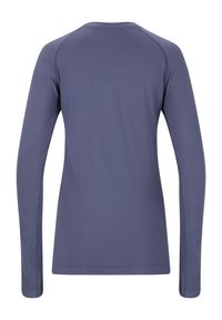 Langarmshirt aus dunkelblauem Stoff mit glatter Textur. Verfügt über Nahtdetails und einen runden Ausschnitt. Die Rückansicht zeigt eine taillierte Silhouette.