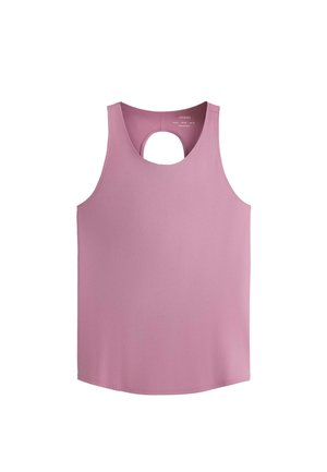 Ärmelloses hellviolettes Tanktop mit rundem Ausschnitt und kleinem Cutout-Detail am oberen Rücken.