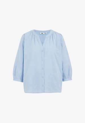 Világoskék gombos blúz V nyakkal, háromnegyedes ujjakkal és hímzett virágmintákkal az alsó elülső részen. Pamut anyag.