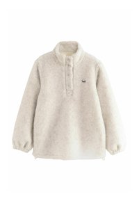 Fleece-Pullover in Off-White mit hohem Kragen, Druckknöpfen und kleinem "Self"-Logo auf der Brust. Elastische Bündchen und ein lässiger Schnitt.