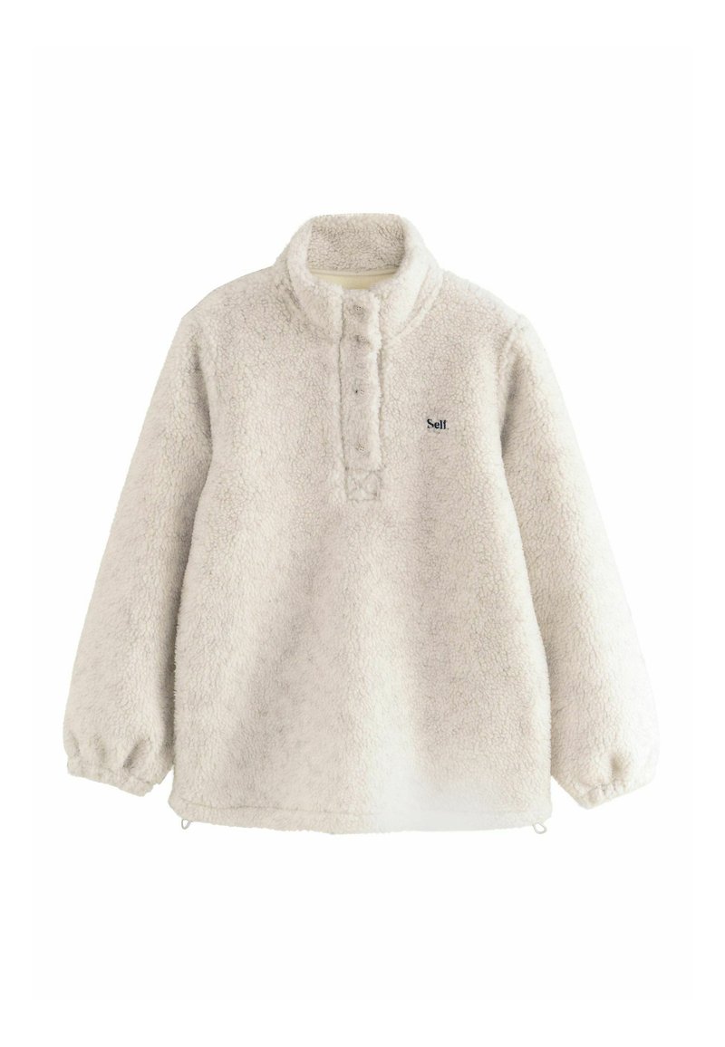 Fleece-Pullover in Off-White mit hohem Kragen, Druckknöpfen und kleinem "Self"-Logo auf der Brust. Elastische Bündchen und ein lässiger Schnitt.