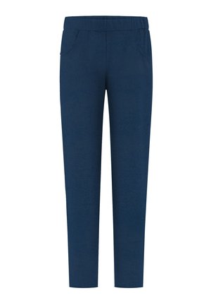 Pantaloni a zampa d'elefante blu navy con cintura elastica, dotati di due tasche laterali e tessuto liscio e morbido.