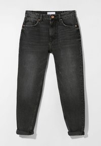 Černé džíny z denimu s uvolněným střih, vybavené pěti kapsami, ohrnutými manžetami a detaily z měděného tónu na knoflících. Texturovaná látka s mírným vyblednutím.