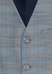 Szary marynarka w kratkę z niebieskimi akcentami, z dwoma guzikami z przodu, klapami w szpic oraz teksturowanym materiałem z mieszanką wzorów houndstooth i kratki.