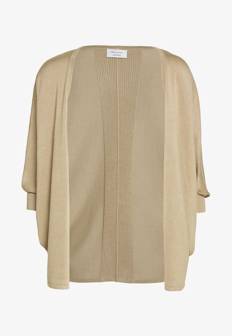 Beige öppen cardigan med vida ärmar, ribbad textur i mitten och släta sidor. Tillverkad av mjukt, lätt material.