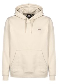 Felpa con cappuccio beige in cotone, presenta una tasca a kangaroo frontale, polsini e orlo a costine, con un piccolo logo sul petto.