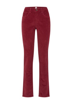Rode corduroy flared broek met vijf zakken, zichtbare stiksels en een enkele knoopsluiting bij de tailleband. Zachte textuur, medium taille.