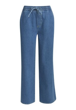Denim wide-leg pants with an elastic waistband and drawstring, in a blue hue. Features a front pocket and smooth, textured fabric.