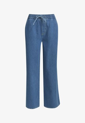 Denim wide-leg pants with an elastic waistband and drawstring, in a blue hue. Features a front pocket and smooth, textured fabric.
