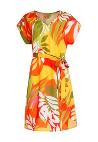 Korte mouwen jurk met een levendige, multicolor tropische bladerenprint in oranje, geel, groen en roze, voorzien van een bijpassende tailleband.
