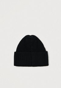 Black knitted beanie hat with a ribbed texture and a folded cuff, featuring a rounded top and subtle vertical lines in the fabric.