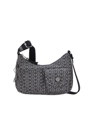 Hobo-style bag made of grey patterned fabric with two front pockets, adjustable strap, black accents, and silver-tone hardware.