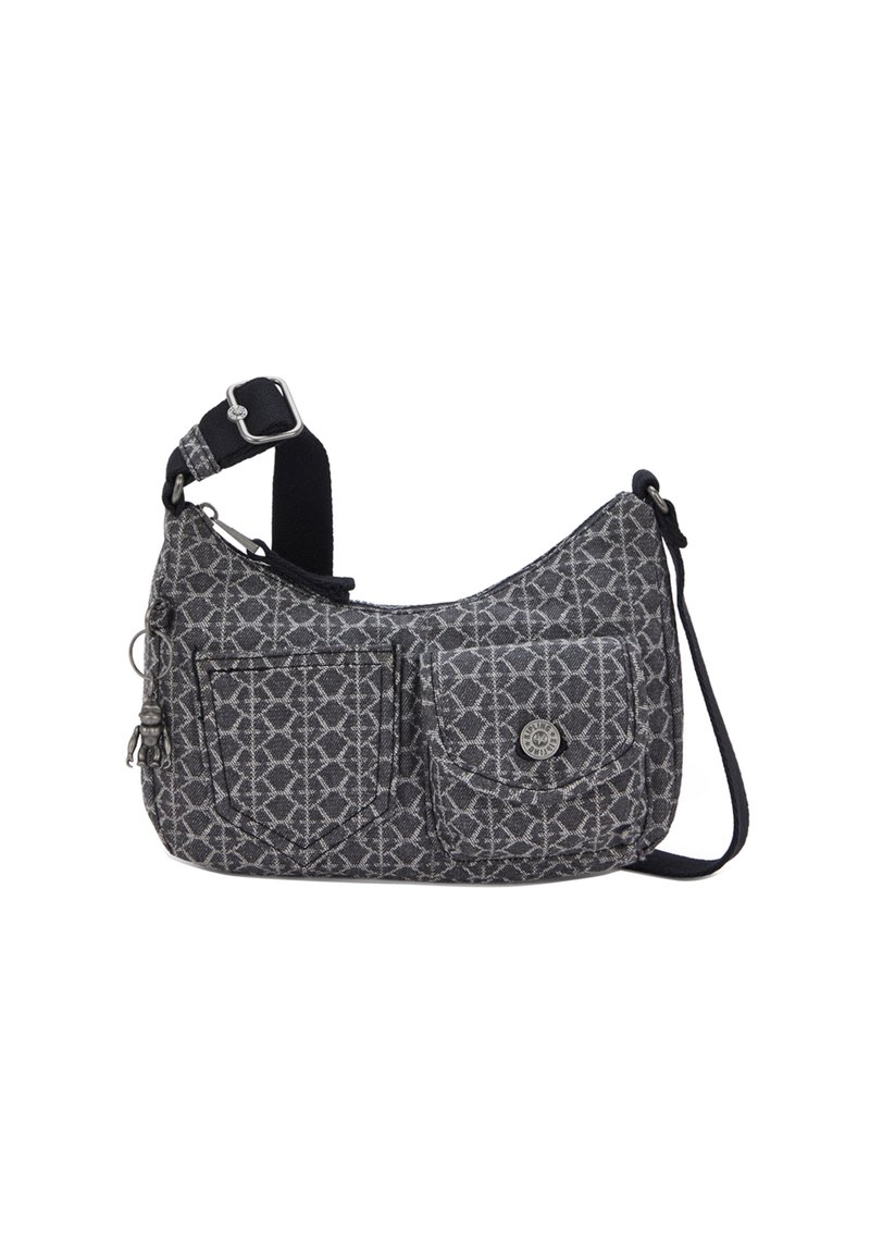 Borsa in stile hobo realizzata in tessuto grigio con motivo, dotata di due tasche frontali, tracolla regolabile, dettagli neri e accessori in tono argento.