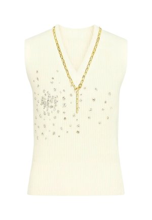 Top smanicato crema a coste con scollo a V, impreziosito da strass argentati disposti in modo sparso e da un dettaglio a catena dorata.