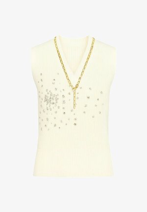 Top smanicato crema a coste con scollo a V, impreziosito da strass argentati disposti in modo sparso e da un dettaglio a catena dorata.