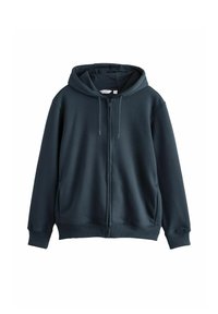 Sudadera con cremallera de color verde oscuro, hecha de un tejido suave. Con capucha grande, bolsillos frontales y cordones. Puños y bajo acanalados.