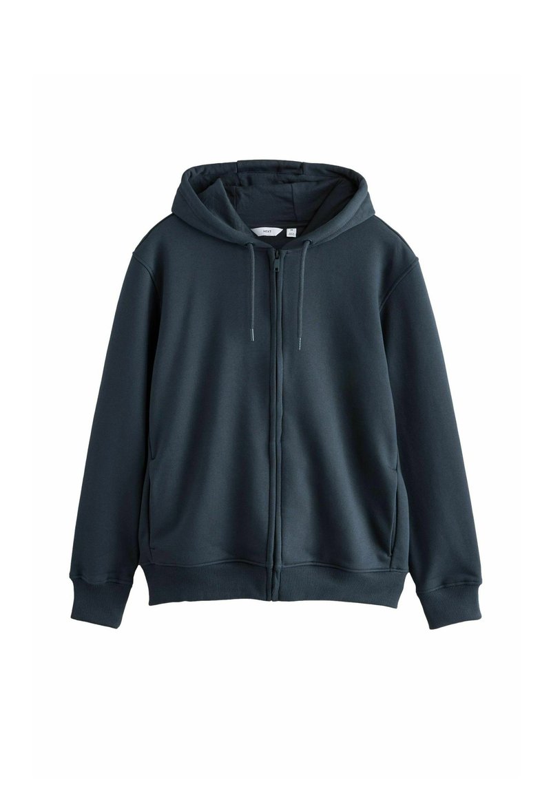 Sudadera con cremallera de color verde oscuro, hecha de un tejido suave. Con capucha grande, bolsillos frontales y cordones. Puños y bajo acanalados.