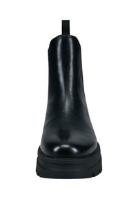 Schwarze Leder-Stiefeletten mit glatter Oberfläche, elastischer Seite und dicker Gummisohle, ausgestattet mit einer Zuglasche für einfaches An- und Ausziehen.