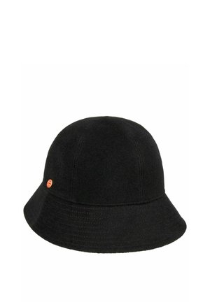 Black bucket hat with a soft fabric texture and a small round red and gold logo on the side.