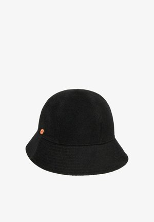 Black bucket hat with a soft fabric texture and a small round red and gold logo on the side.
