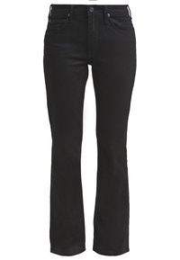 Jean noir taille haute à coupe droite avec poches avant et arrière, fermeture par bouton et passants de ceinture.
