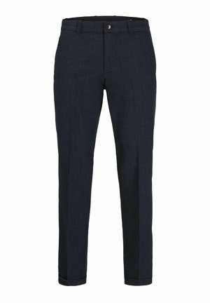 Donkerblauwe broek van geweven stof. Heeft een rechte snit, riemlussen en een sluiting met voorknop. Geen zichtbare patronen of accenten.