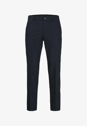 Dark blue trousers made of woven fabric. Features a straight cut, belt loops, and a front button closure. No visible patterns or accents.